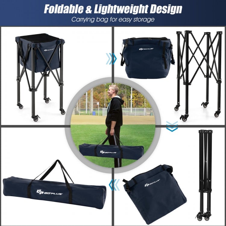 Lightweight foldable tennis ball teaching cart with removable bag, blue, featuring wheels for easy transport and.