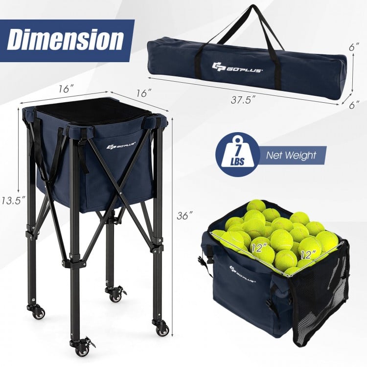Lightweight foldable tennis ball cart with removable bag, holding 150 balls, featuring wheels for easy transport.
