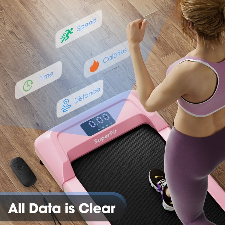Walking pad in pink with LED display showing speed, time, and calories, ideal for home workouts and easy storage.
