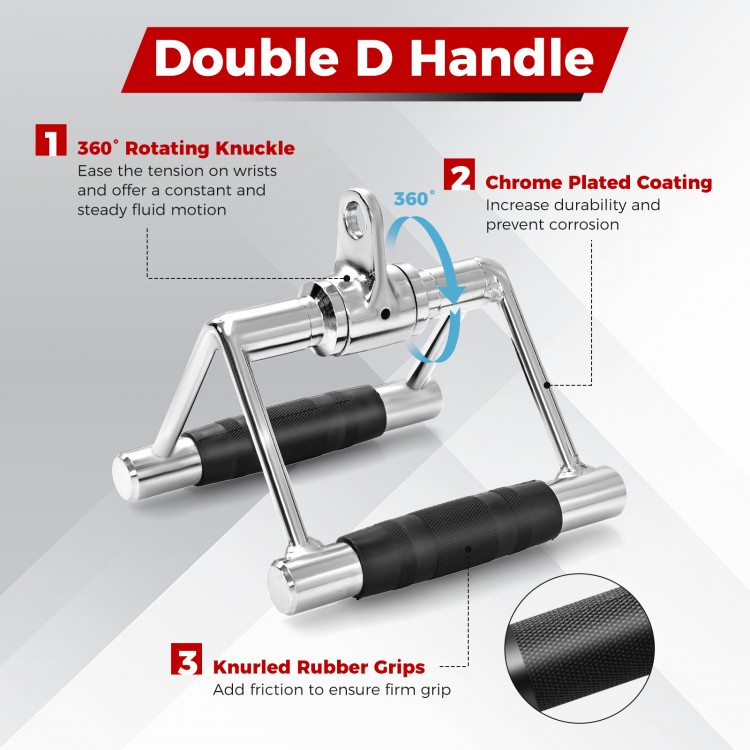 Double D handle with chrome plated coating and knurled rubber grips for secure hold, designed for cable machine.