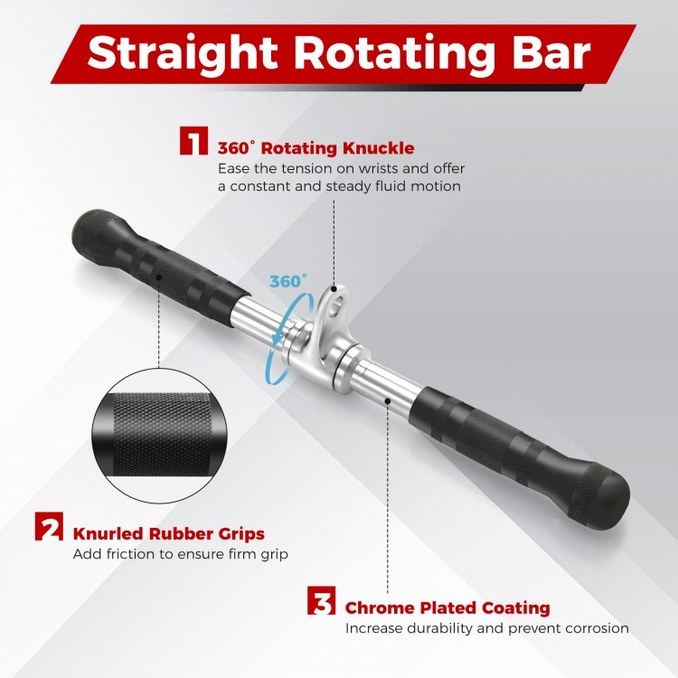 Straight rotating bar with chrome plating and knurled rubber grips for secure handling in home gym workouts.