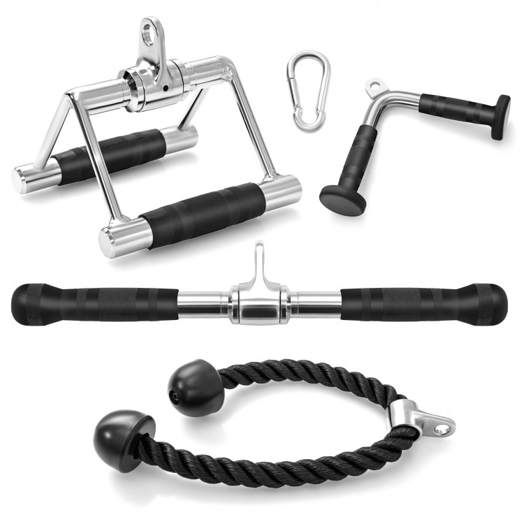 4-piece cable machine attachment set featuring a V handle, tricep rope, and rotating bar for versatile home gym.