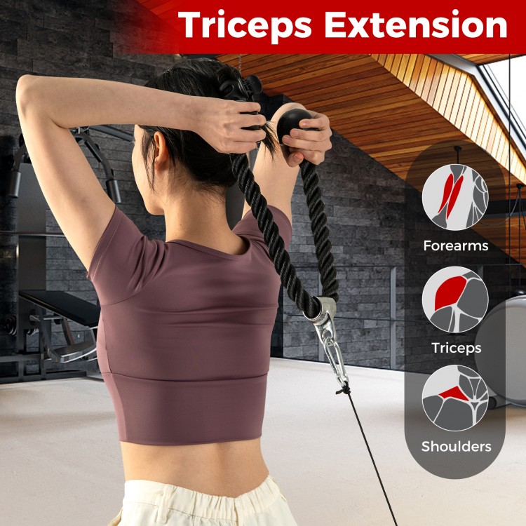 Tricep rope attachment from a 4-piece cable machine set, featuring knurled grips for secure handling during workouts.