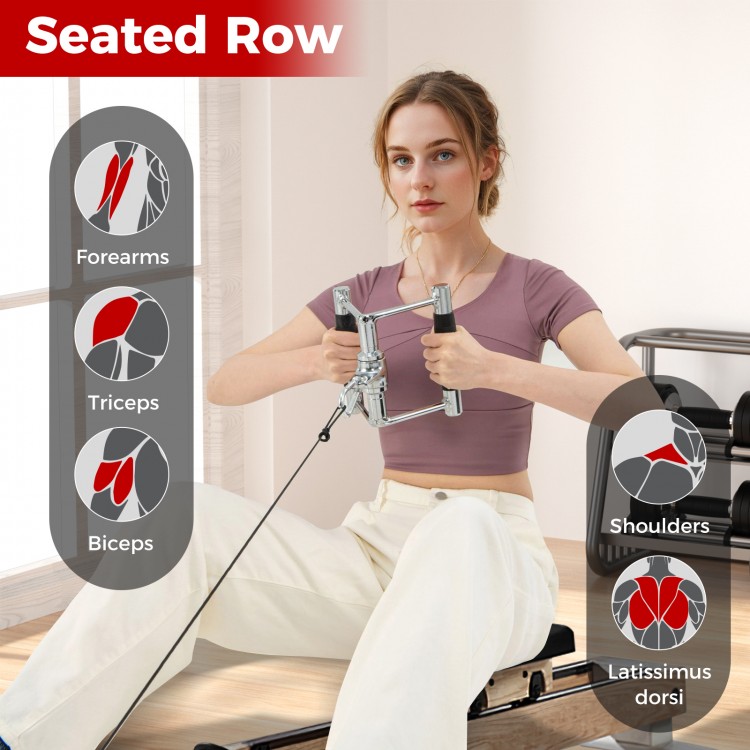 4-piece cable machine attachment set including V handle, tricep rope, and straight bar for versatile home gym workouts.