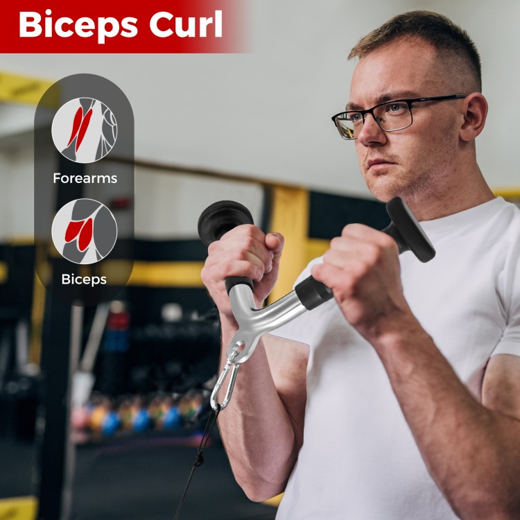 V handle from a 4-piece cable machine attachment set, designed for biceps curls, featuring knurled grips for comfort.