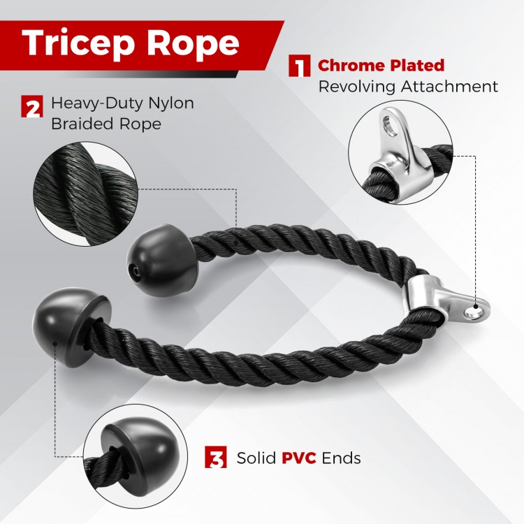 Tricep rope with heavy-duty nylon braided design and solid PVC ends, ideal for home gym workouts and muscle targeting.