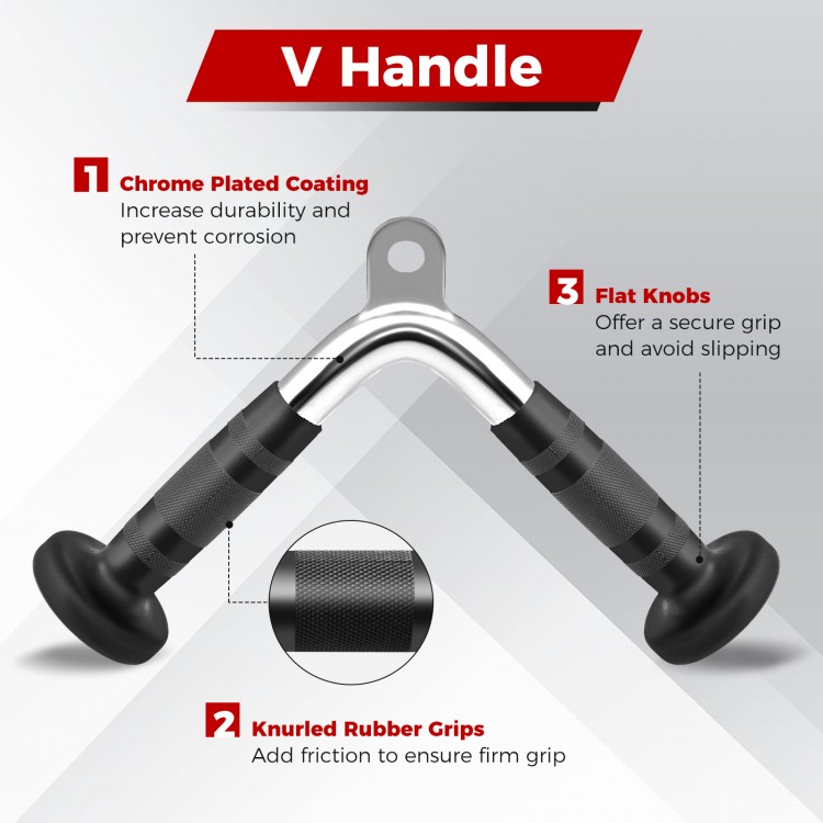 V handle with chrome plated coating and knurled rubber grips for secure handling, designed for cable machine workouts.