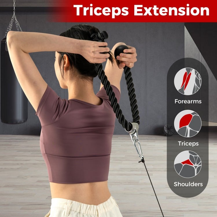 Tricep rope attachment from the 3-piece cable machine set, featuring knurled grips for secure handling and comfort.