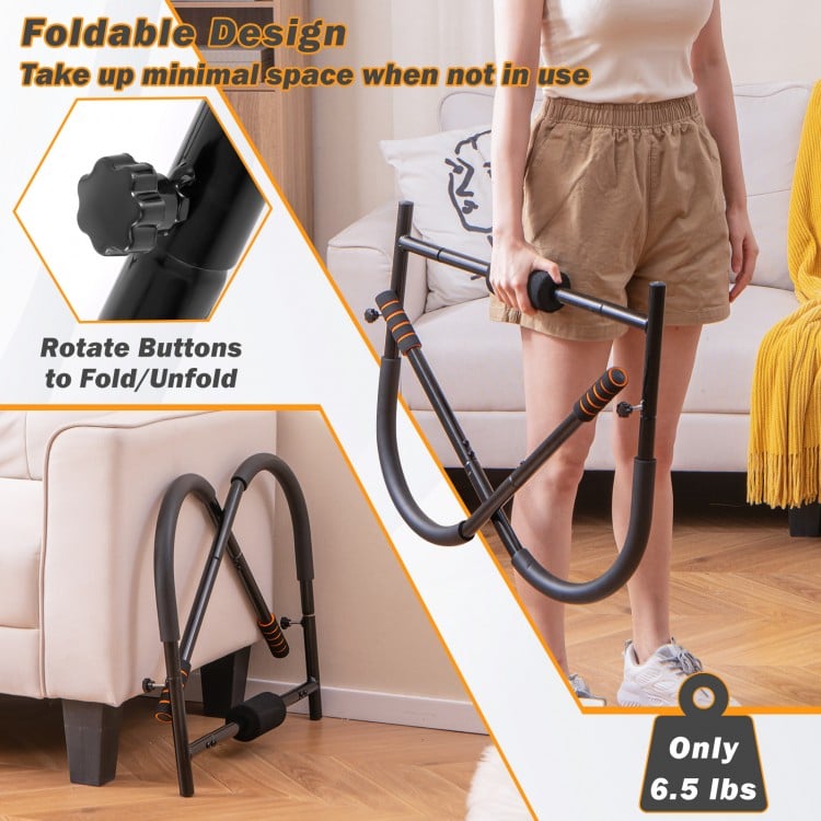 Foldable fitness AB trainer in black with padded support and anti-slip handles for a compact home workout solution.