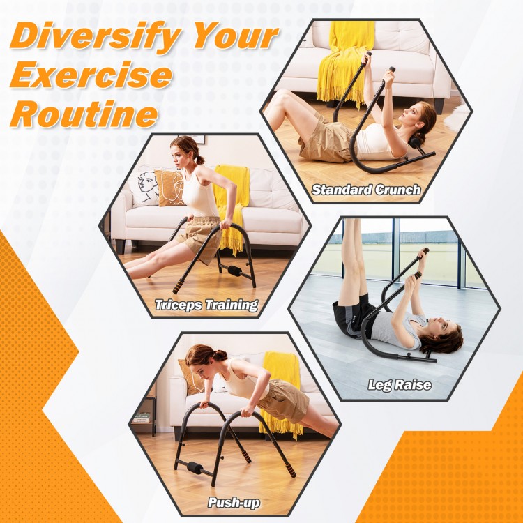 Fitness AB Trainer in black with padded support, showcasing various exercises for a total body workout at home.