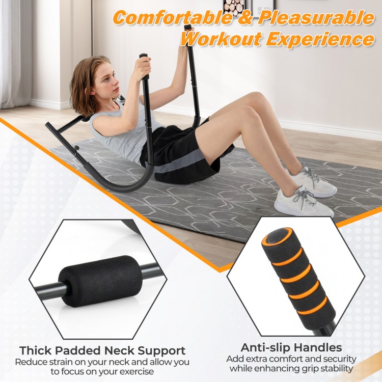 Fitness AB trainer with padded neck support and anti-slip handles, ideal for comfortable sit-ups and total body.