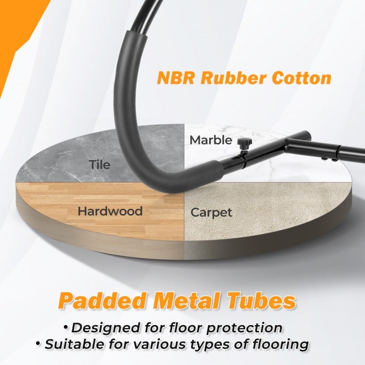 Padded metal tubes of the Fitness AB Trainer designed for floor protection, suitable for various flooring types.