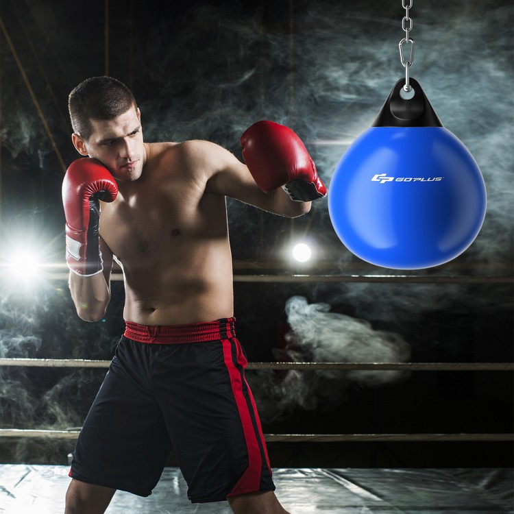 Boxer training with a 21-inch blue water punching bag featuring an adjustable chain, ideal for gym or outdoor use.
