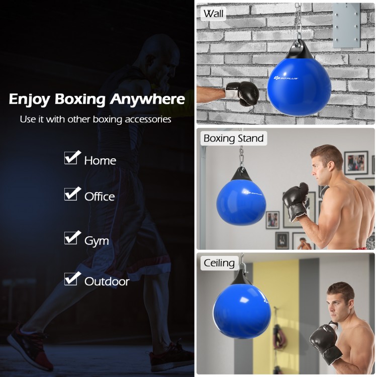 21-inch blue water punching bag with adjustable chain, suitable for home, gym, office, and outdoor boxing practice.