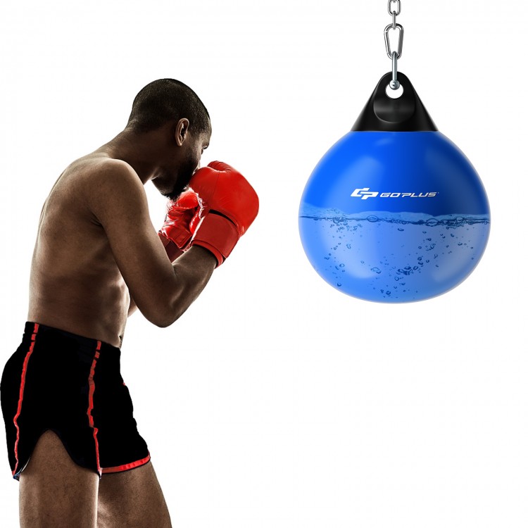 Water punching bag with adjustable chain in blue, designed for a realistic boxing experience, suitable for gym and.