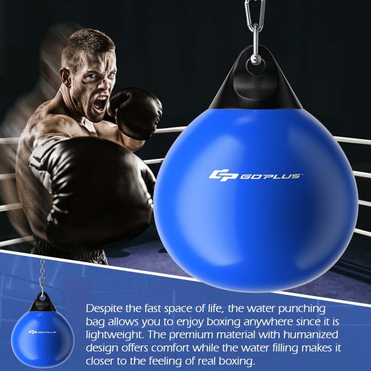 Blue 21-inch water punching bag with adjustable chain, designed for a realistic boxing experience, suitable for various.