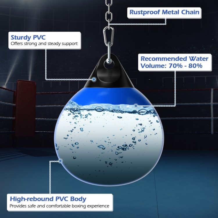 21-inch water punching bag with adjustable metal chain, high-rebound PVC body, designed for gym and outdoor use.