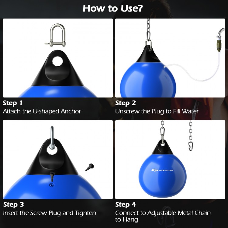 21-inch blue water punching bag with adjustable metal chain, showcasing setup steps for gym or outdoor use.