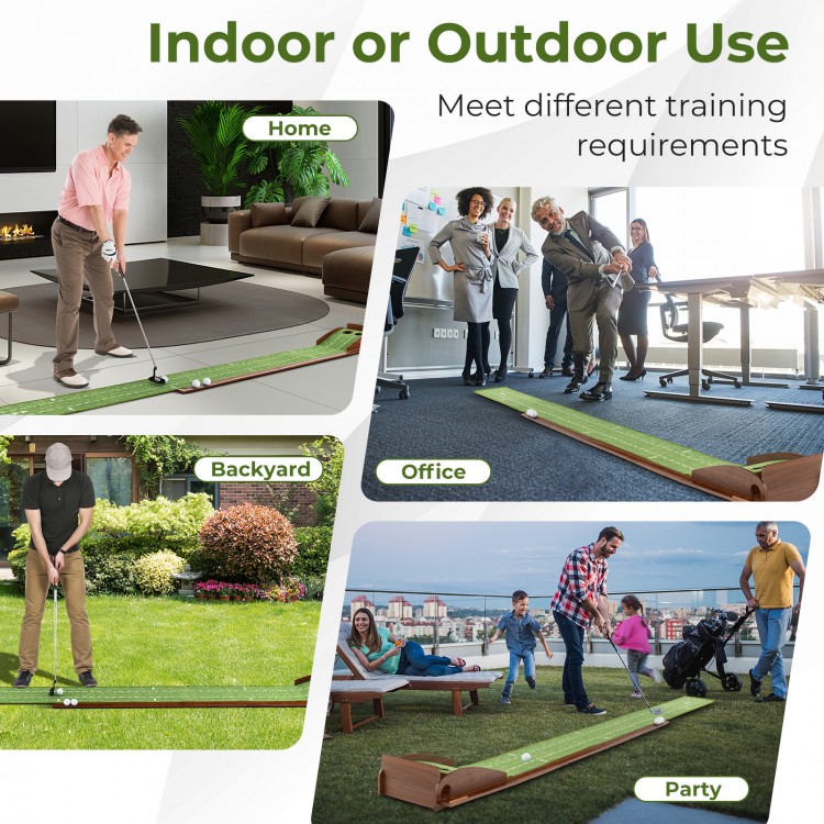 Golf putting mat with auto ball return, featuring two hole sizes, ideal for indoor or outdoor practice and training.