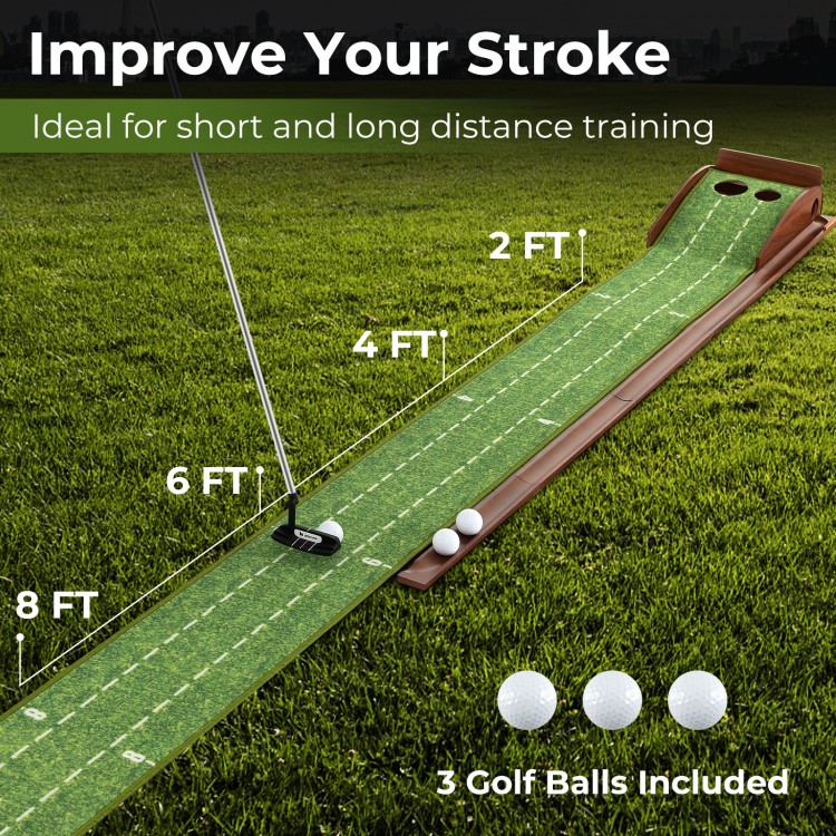 Golf putting mat with auto ball return, featuring two hole sizes and scale marks for distance training, includes 3 golf.