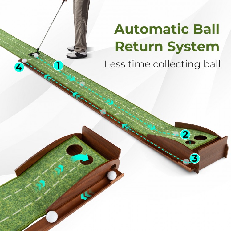 Golf putting mat with auto ball return system, wooden baffle, and two hole sizes for efficient practice and training.