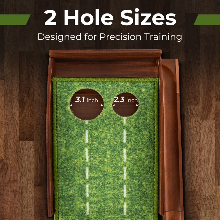 Golf putting mat showing 2 hole sizes (3.1 inch and 2.3 inch) designed for precision training and auto ball return.