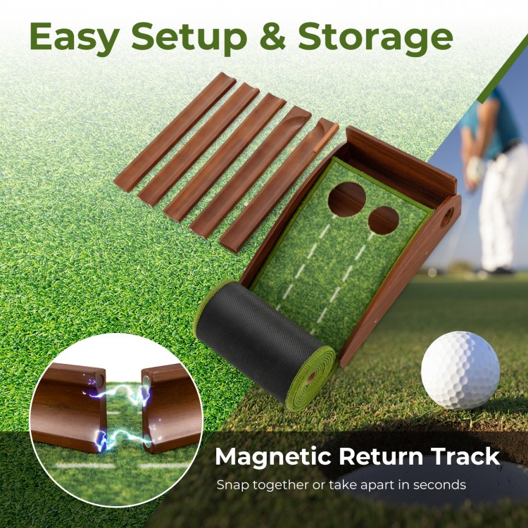 Golf putting mat with auto ball return, wooden baffle, and two hole sizes for easy practice and storage.