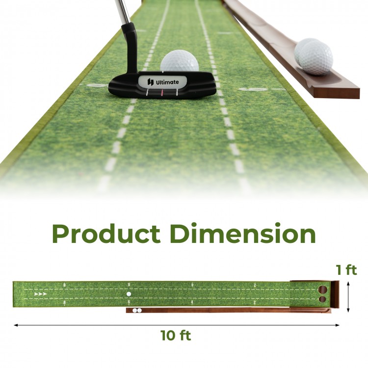 Golf putting mat with auto ball return, featuring premium nylon surface and two hole sizes for training convenience.