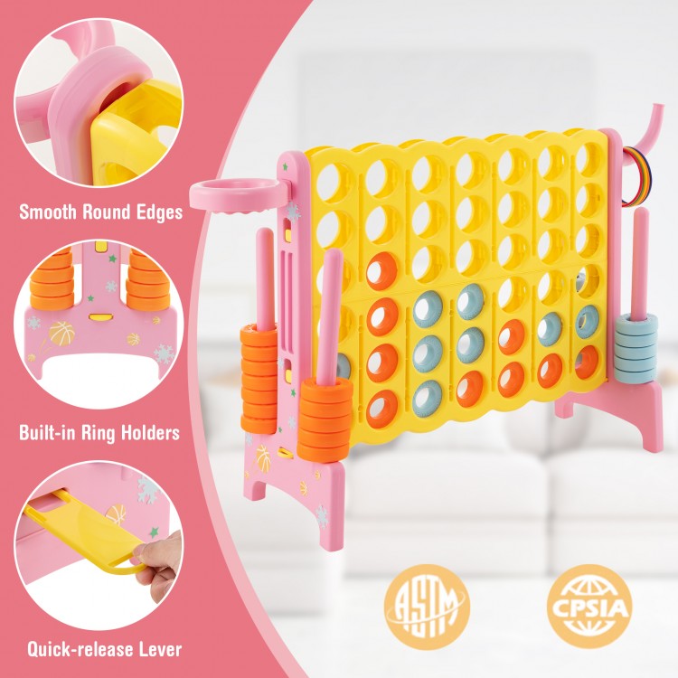 4-in-a-Row Connect Game in pink with built-in ring holders, smooth edges, and quick-release lever for indoor and.