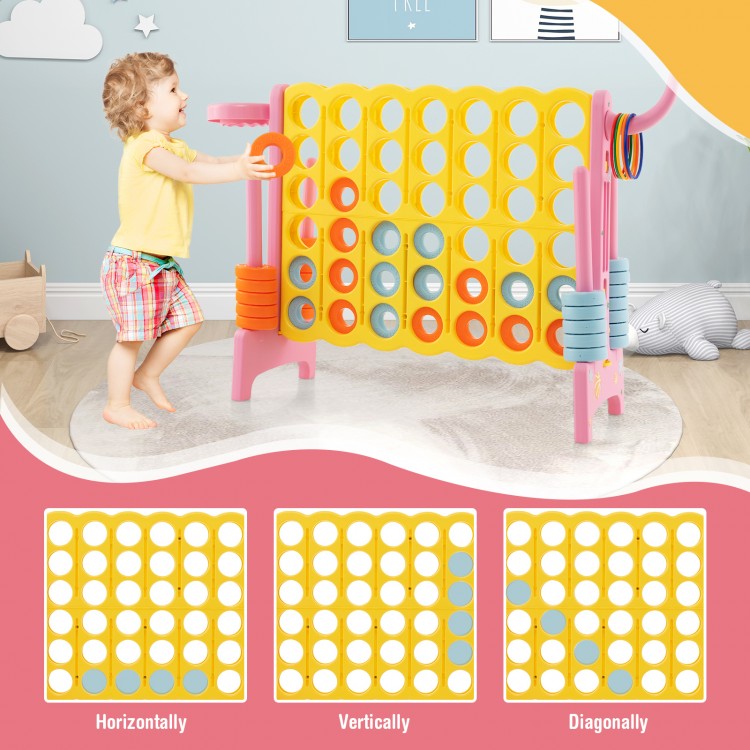 Colorful 4-in-a-row connect game in pink with basketball hoop, suitable for indoor and outdoor family fun.