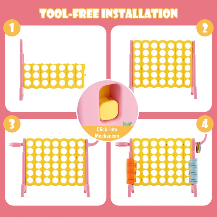 Tool-free installation steps for the 4-in-a-Row Connect Game with Basketball Hoop in pink, showcasing the click-into.