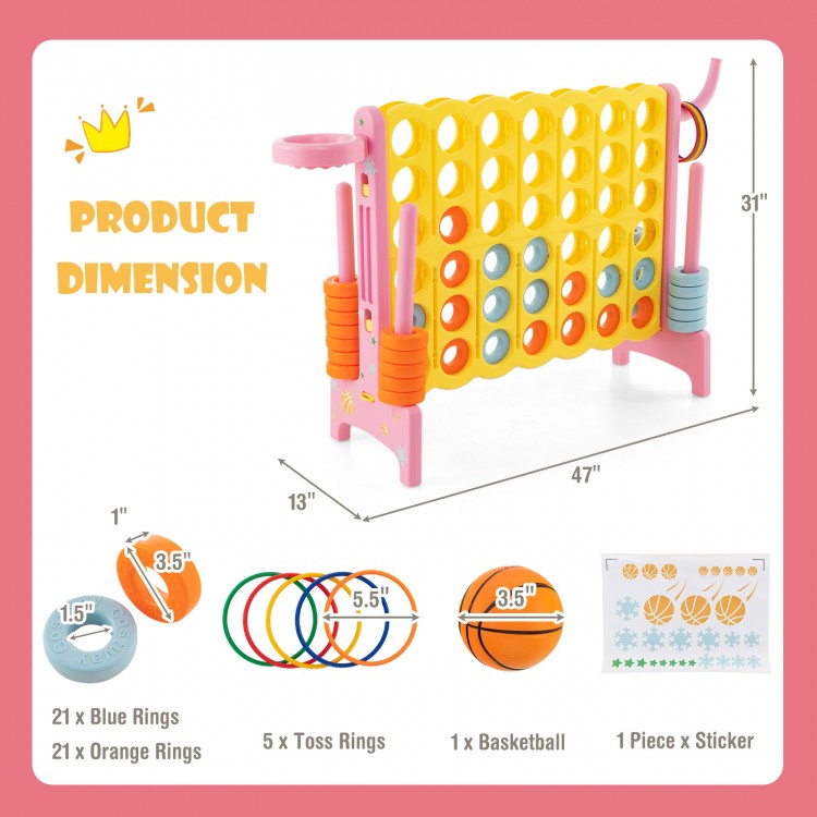 4-in-a-Row Connect Game in pink with basketball hoop, toss rings, and built-in ring holders for indoor and outdoor fun.