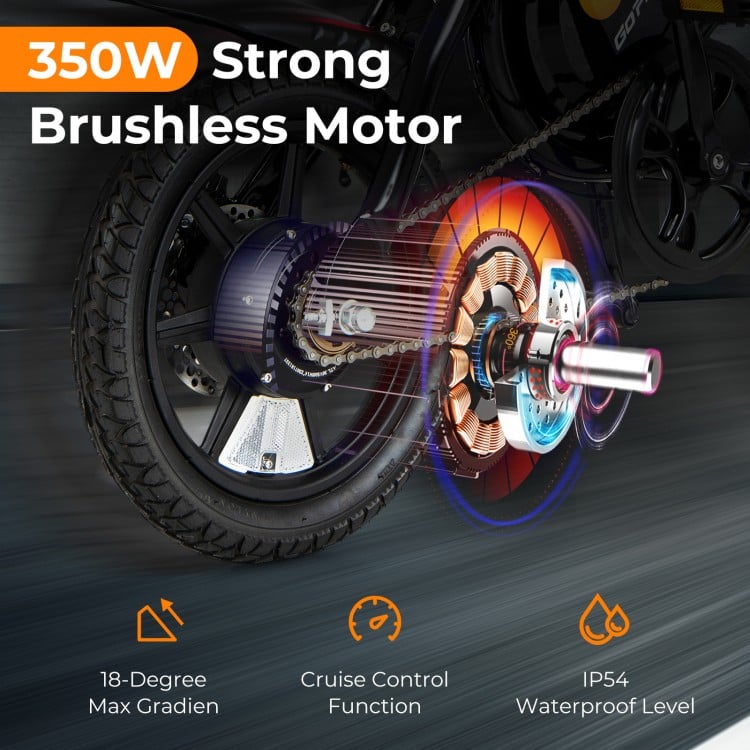 Close-up of the 350W brushless motor of the folding electric bike, showcasing its IP54 waterproof level and performance.