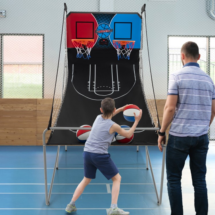 Dual Shot Basketball Arcade Game featuring 8 game modes, 4 balls, and sturdy metal frame for family fun indoors.