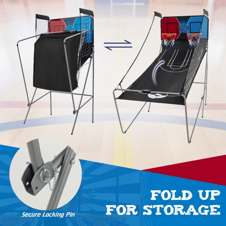 Dual Shot Basketball Arcade Game with foldable design, sturdy metal frame, and electronic scoring for 1-4 players.