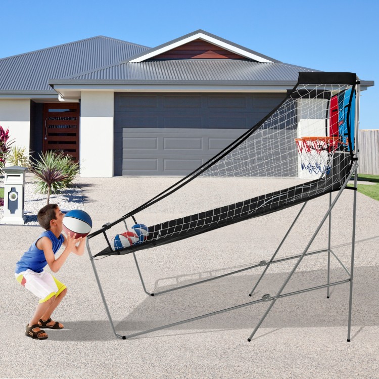 Dual Shot Basketball Arcade Game with 8 game modes, featuring a sturdy metal frame and included basketballs for fun.