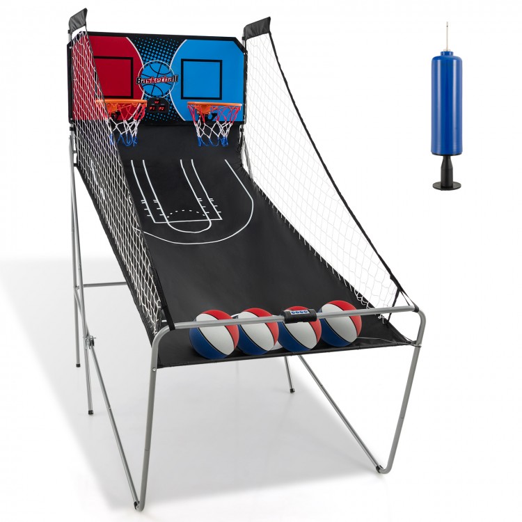 Dual Shot Basketball Arcade Game featuring 8 game modes, 4 basketballs, and sturdy metal frame for 1-4 players.