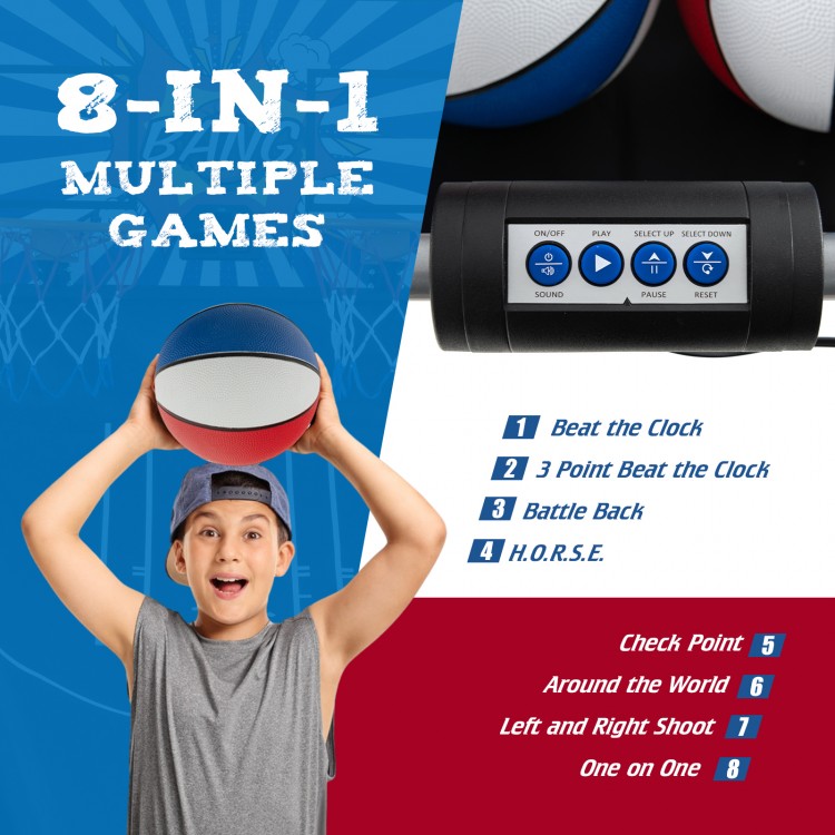 Dual Shot Basketball Arcade Game with electronic scoring, featuring 8 game modes and 4 basketballs for 1-4 players.