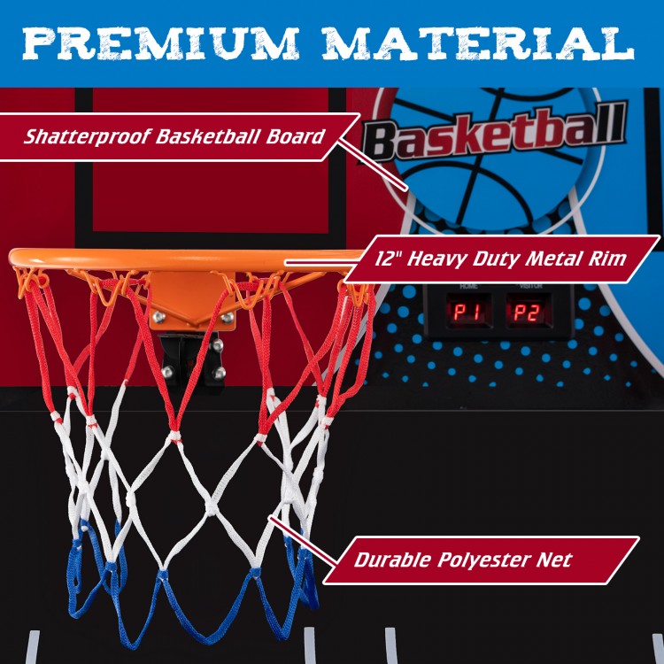 Close-up of the basketball rim and net on the Dual Shot Basketball Arcade Game, featuring durable polyester and.