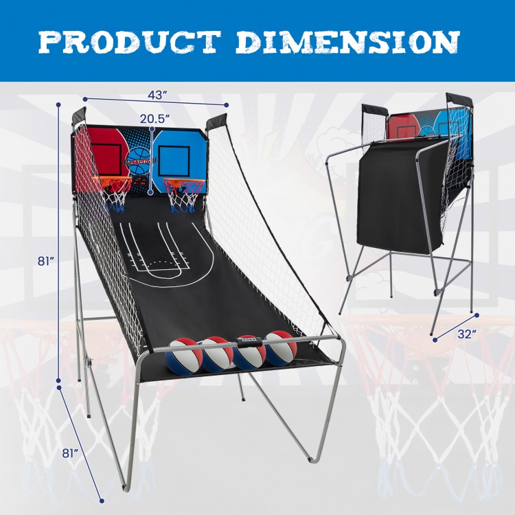 Dual Shot Basketball Arcade Game dimensions with electronic scoring, suitable for 1-4 players, includes 4 balls.