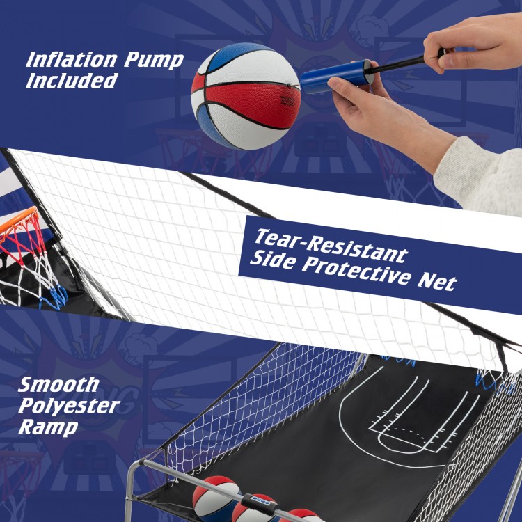 Dual Shot Basketball Arcade Game features a smooth polyester ramp and tear-resistant side net, perfect for 1-4 players.