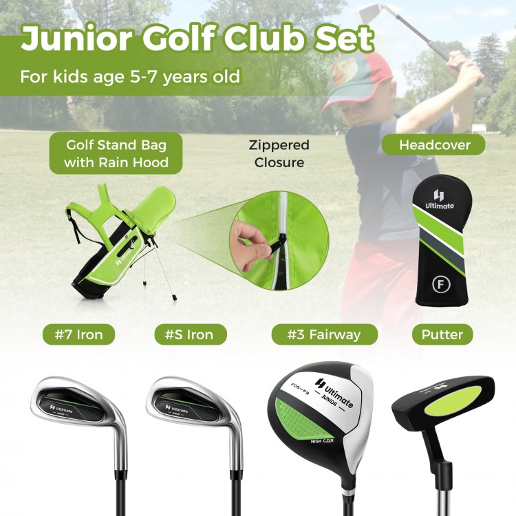 Junior golf club set for kids with rain hood, featuring #3 fairway, #7 and #5 irons, and putter in green stand bag.