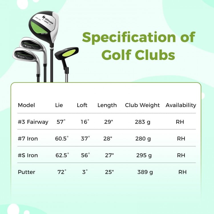Junior complete golf club set featuring #3 fairway, #7 iron, and putter, designed for kids aged 5-7, with rain hood.