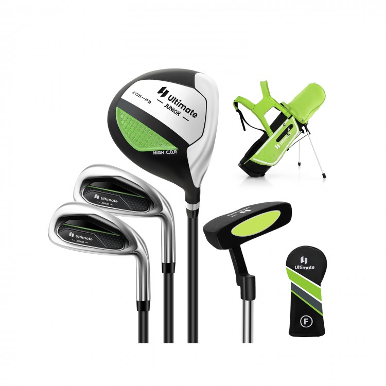 Junior complete golf club set in green, featuring a stand bag, #3 fairway, #7 and # irons, and a putter for kids.