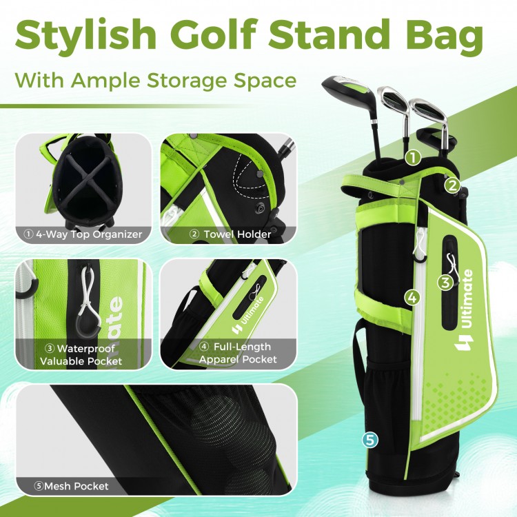 Junior golf stand bag in green with 4-way top organizer, multiple pockets, and adjustable padded straps for kids.