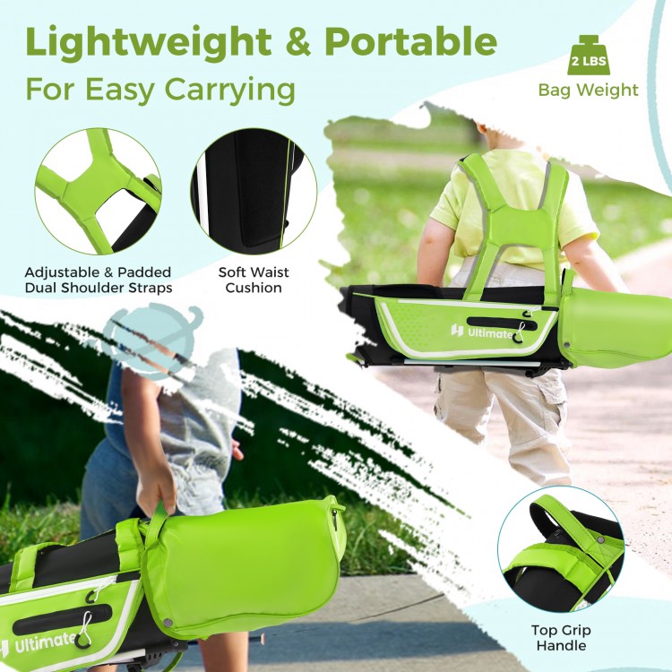 Junior golf club set in green with adjustable straps, soft waist cushion, and rain hood for kids aged 5-7.