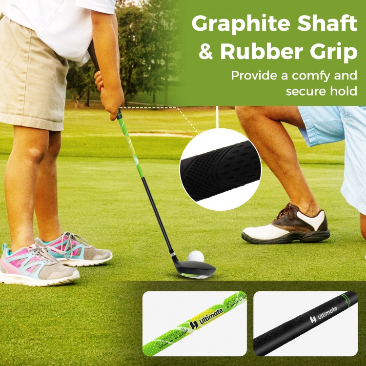 Junior golf club set featuring a graphite shaft and rubber grip, designed for kids aged 5-7, with a lightweight stand.