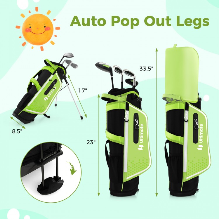 Junior complete golf club set in green with auto pop out legs and rain hood, designed for kids aged 5-7 years.