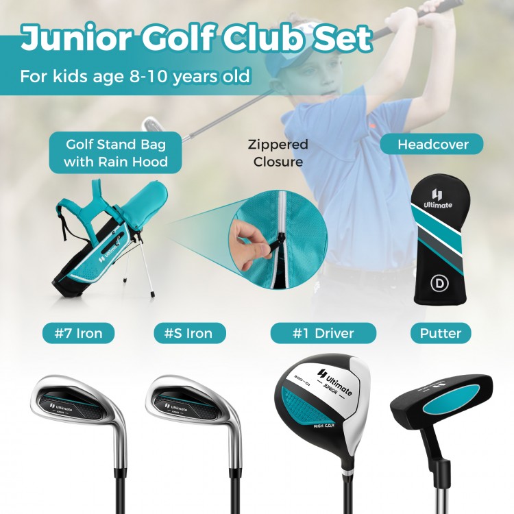 Junior golf club set for kids aged 8-10, featuring a lightweight stand bag, #1 driver, #7 iron, and putter.