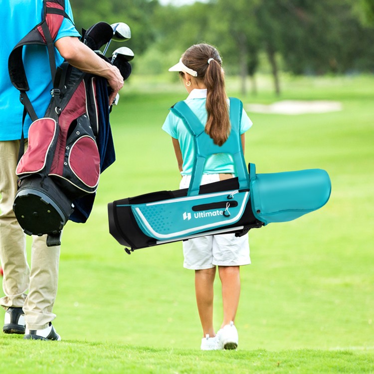 Junior complete golf club set for kids, featuring a blue stand bag with adjustable straps, perfect for ages 8-10.